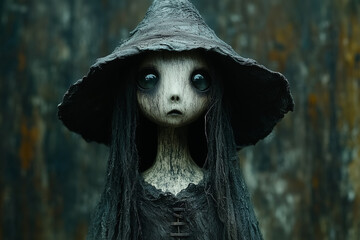 Spooky Halloween witch portrait with broom and pointed hat. Dark costume close up symbolizing creepy holiday mood, postcard concept.