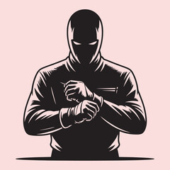Fototapeta premium Black silhouette of a person in a hood adjusting their wristband vector