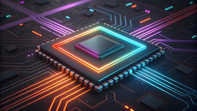 Futuristic computer microchip with neon circuit board and glowing lights