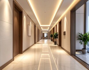 Step into elegance a luxurious modern office corridor with warm lighting and polished floors creating an inviting and professional atmosphere