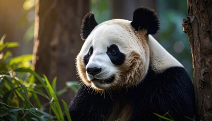 Panda Portrait Near Tree with Green Foliage and Sunlight Glimmering on Fur in Natural Habitat at Daytime Wildlife Photography