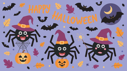 Happy Halloween Spiders with Witch Hats and Pumpkins on Purple Background Holiday Design