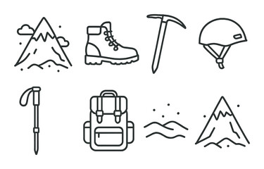 Mountain climbing gear icons: boots, helmet, ice axe, backpack, hiking poles, mountains