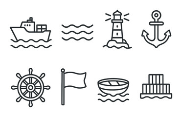 Monochrome nautical icons: ship, lighthouse, anchor, wheel, flag, boat, cargo