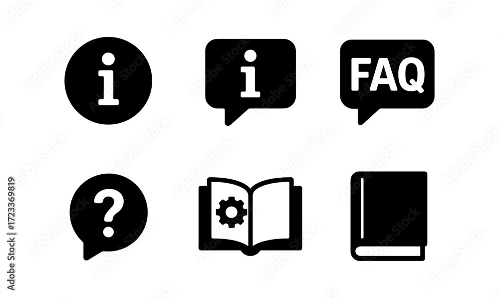 Poster essential information icons set for digital and print use - faq, question mark, book, and bubble des