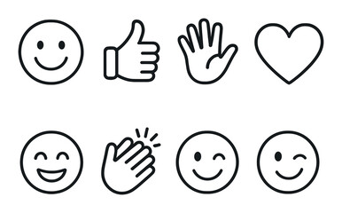 Obraz premium Set of eight emoji icons: smile, thumbs up, hand, heart, laugh, clap, wink