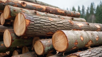 Wooden logs stacked in a forest setting, showcasing natural textures and colors.