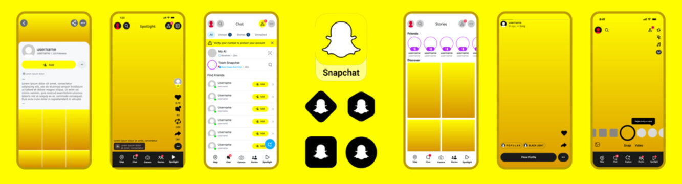 Snapchat UI screens collection including profile, spotlight, chat, stories, and camera with official logos

