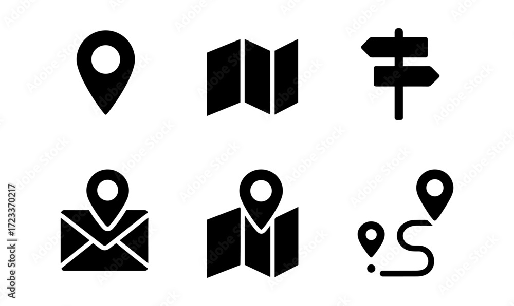 Poster navigation icons set: simplified map and direction symbols for digital interfaces and design project