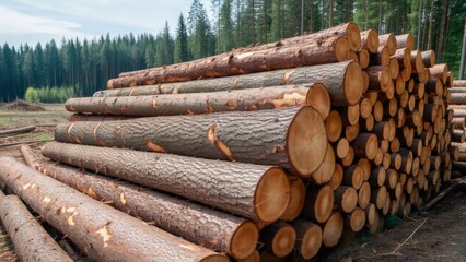 Wood logs stacked in a forest clearing, showcasing natural resources and timber industry.