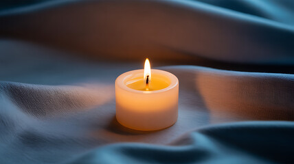 A lit white candle glowing softly on a dark fabric surface