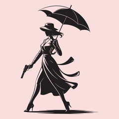 Silhouette of a woman in a hat holding a gun and umbrella walking female