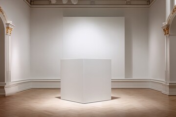 Large Product Ad Podium Giant white pedestal in an art gallery pristine walls soft ambient lighting empty platform for a high-fashion display