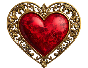 Vintage Red Heart with Ornate Gold Frame, Isolated on Transparent Background 