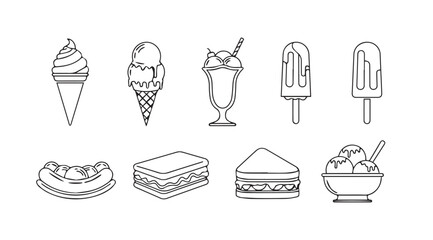 Collection of sweet treats and refreshing desserts in a simple silhouette style