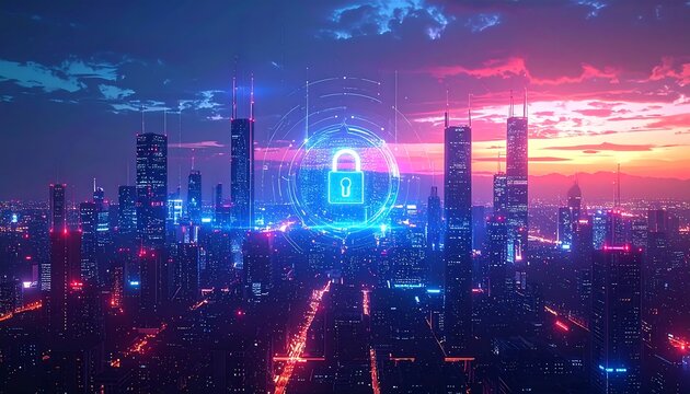 A digitally rendered cityscape with a glowing padlock overlay, representing cybersecurity. Bright sky with various hues over the city