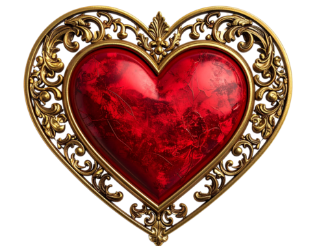 Vintage Red Heart with Ornate Gold Frame, Isolated on Transparent Background 