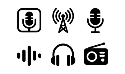 Audio equipment icons set for music and broadcasting design projects