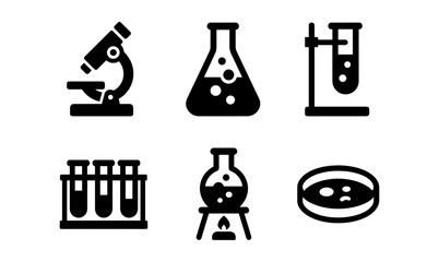 Science lab icon set featuring microscopes, test tubes, and flasks for educational and research design