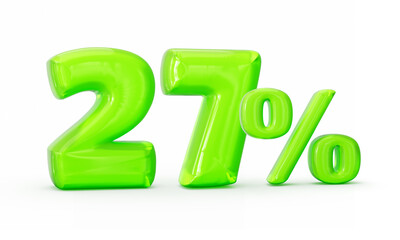 Green jelly digit 27% or Twenty seven percent isolated on white background. 3d illustration