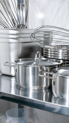 Sleek stainless steel pots glisten, whispering culinary alchemy, perfect for World Cuisine Week and modular kitchen aesthetics
