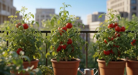 Fototapeta premium Three tomato plants in terracotta pots thrive on a balcony, bearing ripe red tomatoes against a backdrop of city buildings and a clear blue sky.
