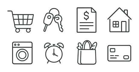 Essential household icons: shopping, keys, document, home, washer, clock, groceries, card
