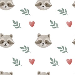 Seamless watercolor pattern with cute raccoon character for baby nursery kids textile children products fabric and decoration