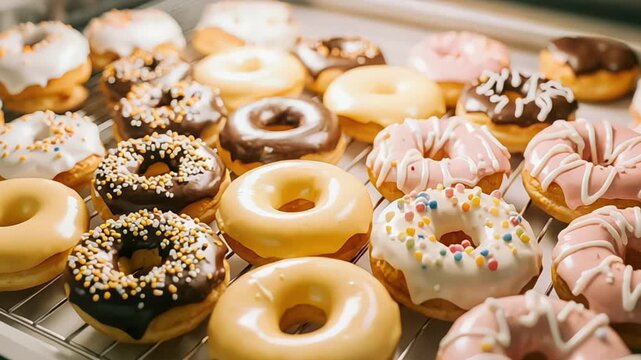 Delicious assortment of donuts with colorful frosting and sprinkles on a wire rack