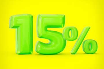 Green jelly digit 15% or Fifteen percent isolated on yellow background. 3d illustration