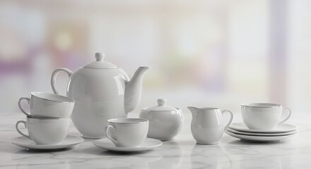 Elegant White Tea Set on Marble Surface with Soft Background