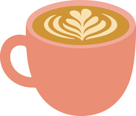 Pink coffee cup with heart latte art design isolated on transparent background, modern vector illustration for cafe, menu, stickers or print