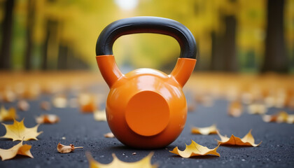 Kettlebell on asphalt with autumn leaves. Outdoor fitness equipment for training and sport advertising. Strength gear for workout and crossfit.
