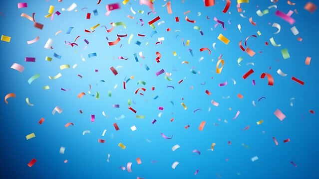 Colorful confetti falling dynamically against a solid blue background, conveying a sense of joyful celebration.