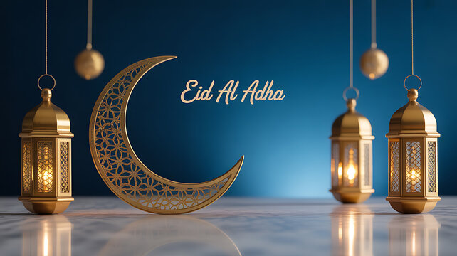 Eid Al Adha celebration scene with golden lanterns, crescent moon decoration, and warm lighting on a reflective surface