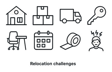 Relocation challenges: moving boxes, truck, key, office setup, schedule, tape, stress