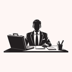 Silhouette of a man in a suit sitting at a desk with a laptop and briefcase vector
