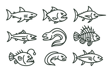 Collection of stylized aquatic predators in line art style