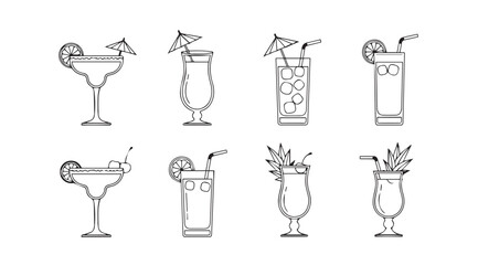 Collection of hand drawn cocktail glass silhouettes with garnishes