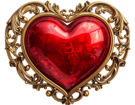 Vintage Red Heart with Ornate Gold Frame, Isolated on Transparent Background - Powered by Adobe