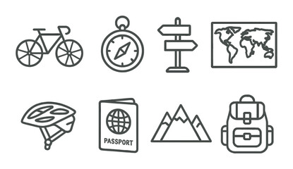 Adventure icons: bicycle, compass, signpost, world map, helmet, passport, mountains, backpack