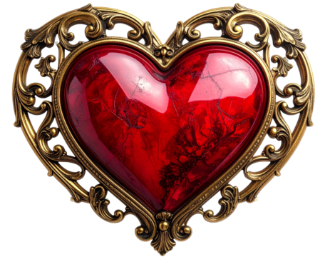 Vintage Red Heart with Ornate Gold Frame, Isolated on Transparent Background