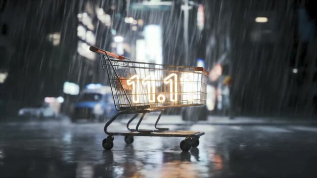 Shopping cart with 111 in rainy city night backdrop. Suitable for ecommerce, rainy day promotions, urban shopping concepts, and rainy season sales visuals.
