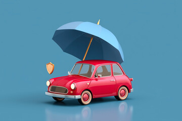 Protection for your automobile: a small red car under a blue umbrella with a shield conveys security and defense against risks.