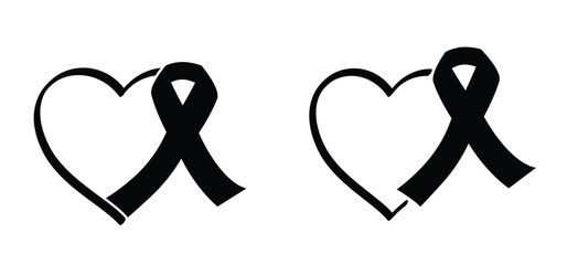Black heart and ribbon, colors with a story. Colored awareness ribbons are symbols of hope, support, and solidarity. They raise awareness of various social, health, and humanitarian issues.