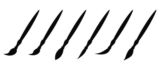 Pencil, paint brush for creative drawing. Paintbrushes of various shapes. Pictograms for drawing tools or painting accessories. Brushes of different sizes, shapes, types, and styles. Painting tools
