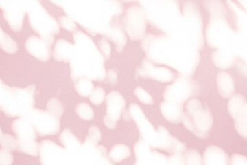 Light and shadow pink beige pastel abstract background. Natural leaves shadows and sunshine diagonal refraction on white wall texture. Shadow overlay effect foliage mockup, banner graphic layout