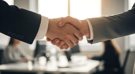 Close up of two business professionals shaking hands in an office setting.