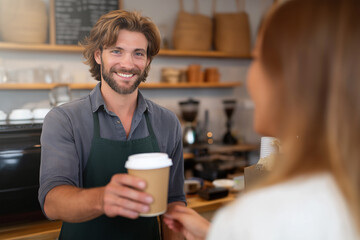 Barista serving coffee to a customer in a cozy cafe setting