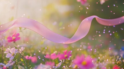 Pink ribbon in flower field